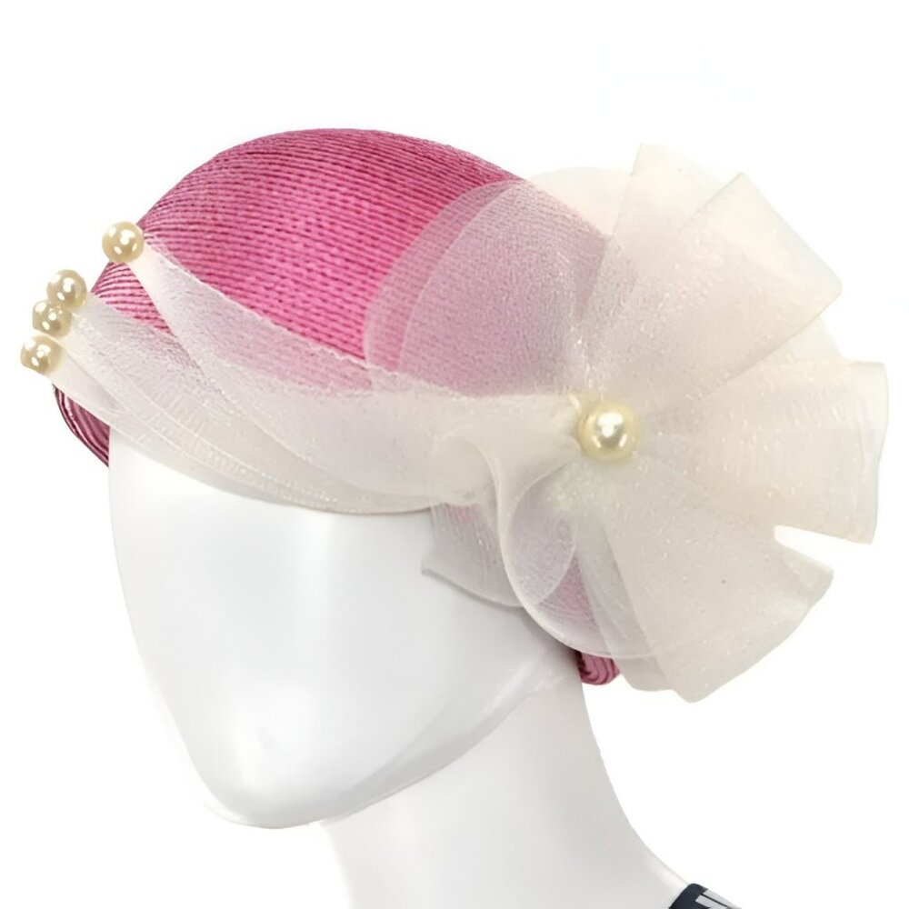 Elegant Pink and Cream Women's Hat with Pearls
